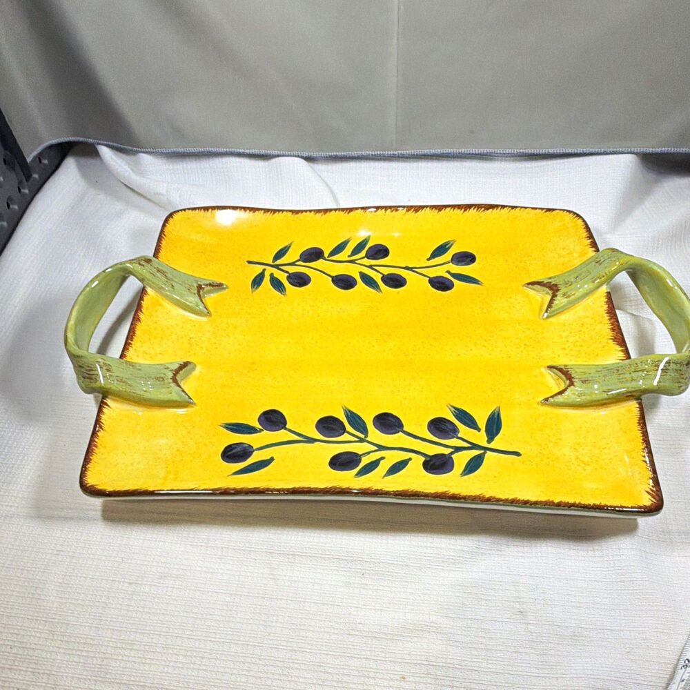 Saparna Olio Toscana Ceramic Rectangular Serving Platter Yellow Olive Tray 16”